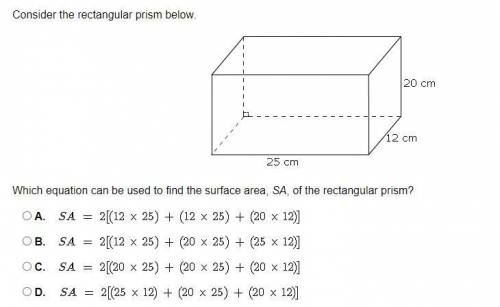 Consider the rectangular prism below.

Which equation can be used to find the surface area, SA, of