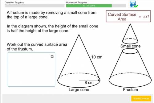 In the diagram shown, the height of the small cone is half the height of the large cone. Work out t