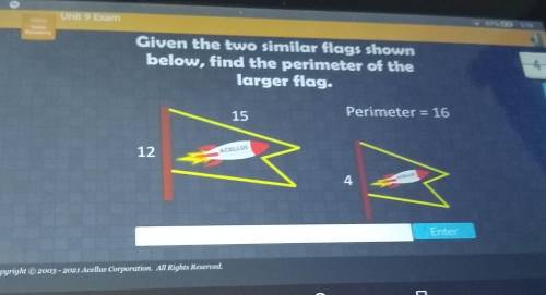 Given the two similar flags shown below, find the perimeter of the larger flag.