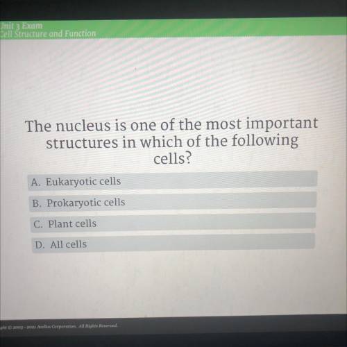 The nucleus is one of the most important

structures in which of the following
cells?
A. Eukaryoti