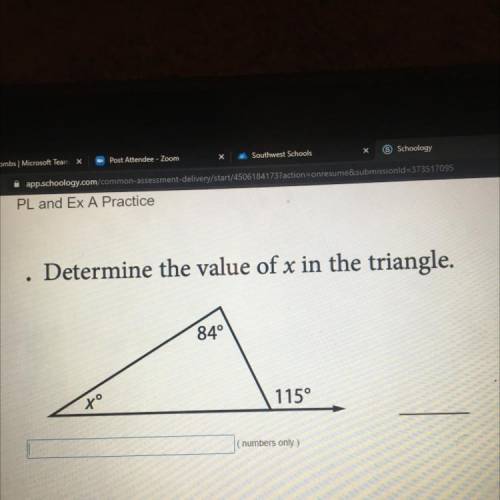 Determine the value of x in the triangle.
.
84°
to
115°