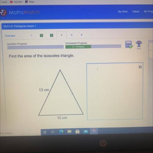 Find the area of the isosceles triangle.

13 cm is the side length 
10 cm is the base length 
what
