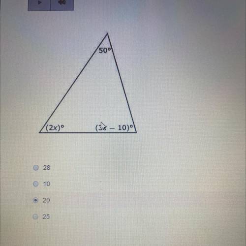 The angle measure of a triangle is shown in the diagram, what is Twh value of x?