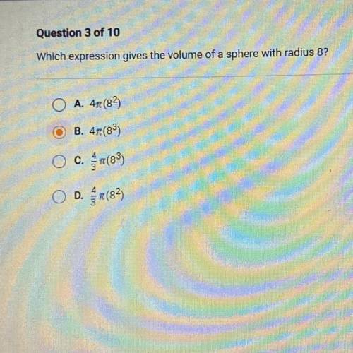 Which expression gives the volume of a sphere with radius 8?