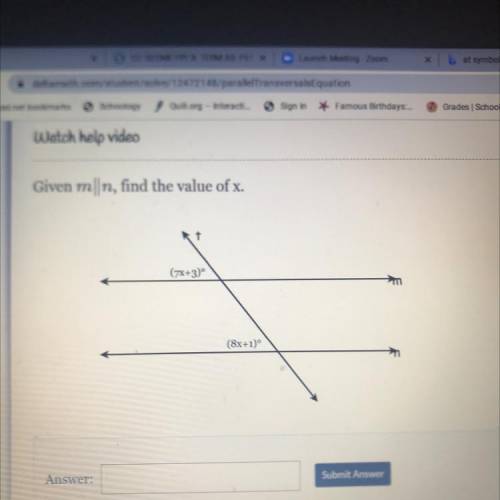 Given m||n, find the value of x.
1
(7x+3)
(8x+1)°