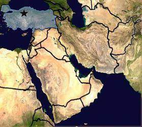 Analyze the map below and answer the question that follows.

A satellite map of the Middle East. A
