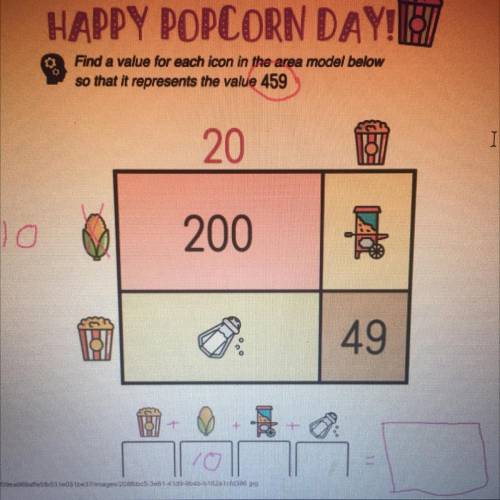 Happy popcorn day! Find a value for each icon in the area model below so that it represents the val