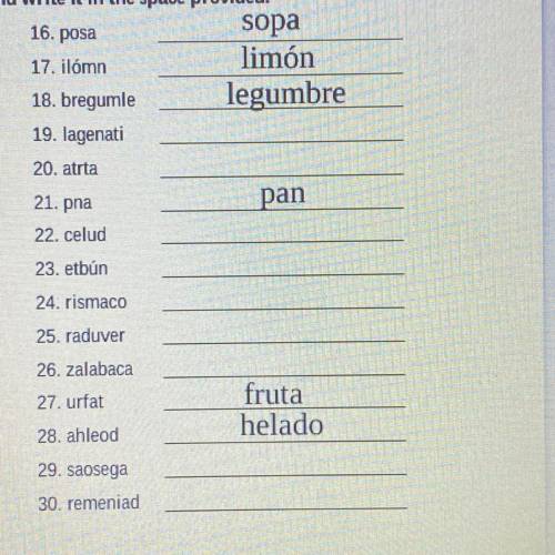 Unscramble the words in spanish. PLEASE HELP i will give brainliest.