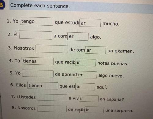 Complete each sentence in the photo above.

Yo____ que estudi__ mucho. 
Él____ a com___ algo.
Noso