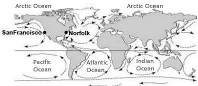 Study the following ocean currents map:

Which statement is most likely correct about the average