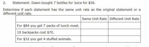 Statement: Dawn bought 7 bottles for Juice for $56. Determine if each statement has the same unit r