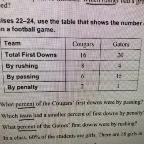 In Exercises 22-24, use the table that shows the number of first downs in a football game. 22. What