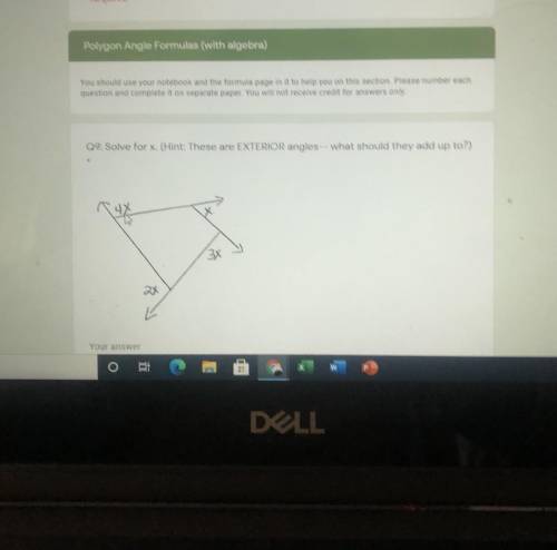 Solve for x (exterior angles)
Please helpppp