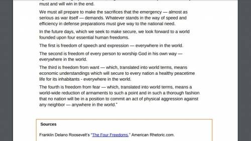 Based on the Roosevelt's Four Freedoms excerpt, what is the main purpose of the speech?