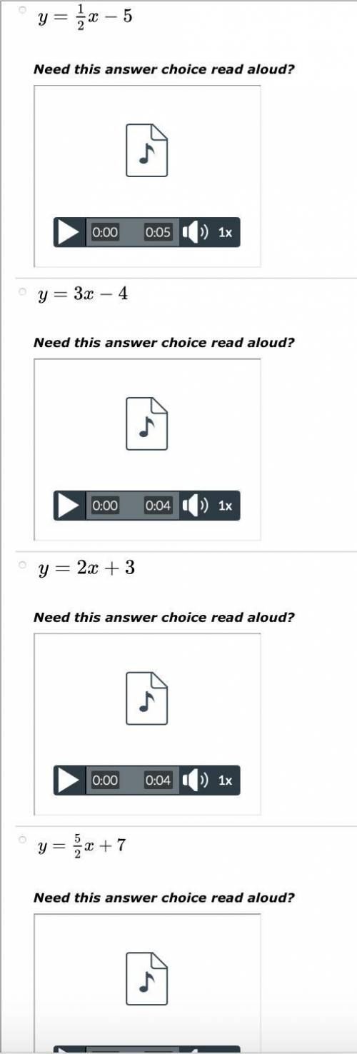 I WILL GIVE YOU BRAINLIEST!! I AM BEING TIMED SO HURRY!

answer choices 
A. y = 1/2x - 5
B. y = 3x
