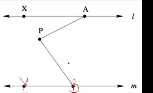 In the picture below, lines l and m are parallel. The measure of angle ∠PAX is 31 degrees, and the