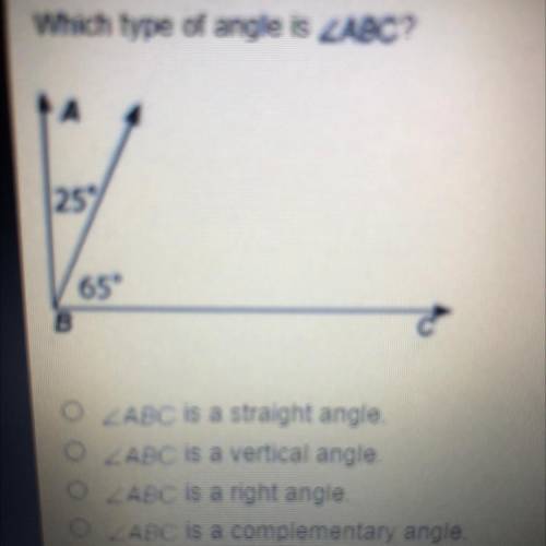 Which type of angle is ABC

ABC is a straight angle 
ABC is a vertical angle 
ABC is a right angle