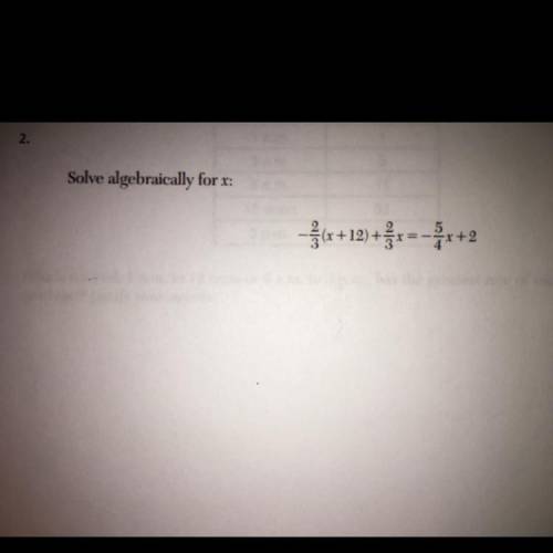 Help. PLSSS HELP ‍♀️Solve algebraically for x: -2/3 (x+12)+2/3x= -5/4x+2