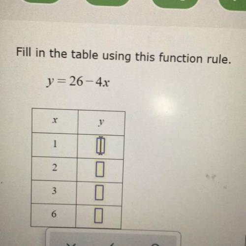 Fill in the table using this function rule.

y = 26-4x
X
y
1
1
2
0
3
6
