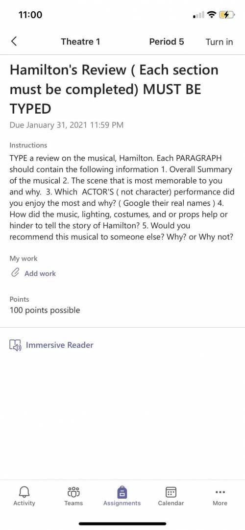 TYPE a review on the musical, Hamilton. Each PARAGRAPH should contain the following information Ove