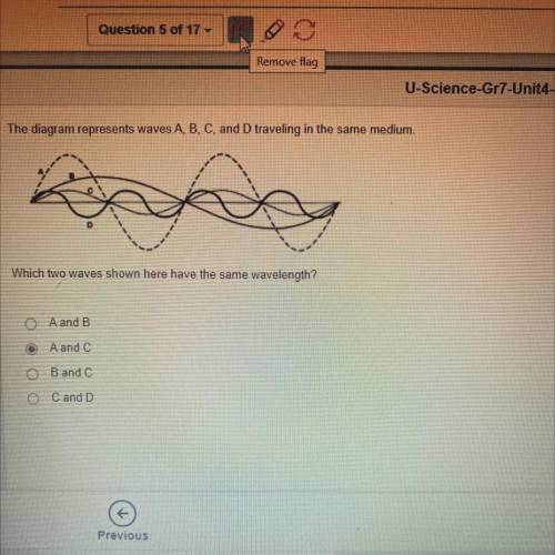 Help

The diagram represents waves A,B,C, and D traveling in the same medium.Which two waves s