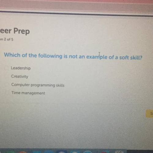 Which of the following is NOT an example of soft skill?

A- leadership 
B- Creativity 
C- Computer