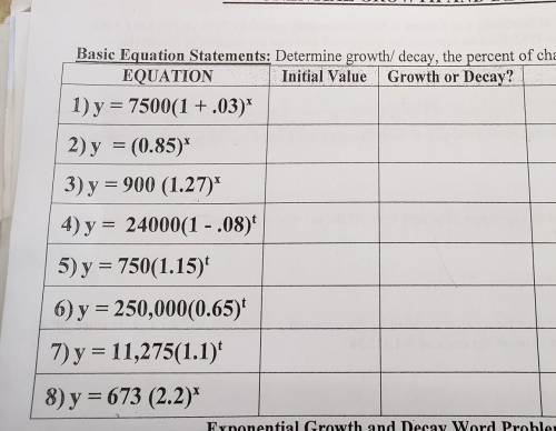 I need help with this exponential growth and decay worksheet. I linked a picture