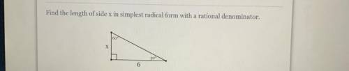 Watch help video

Find the length of side x in simplest radical form with a rational denominator.