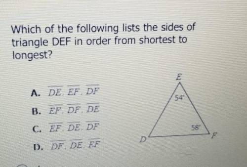 Which of the following lists the sides of triangle DEF in order from shortest to longest?