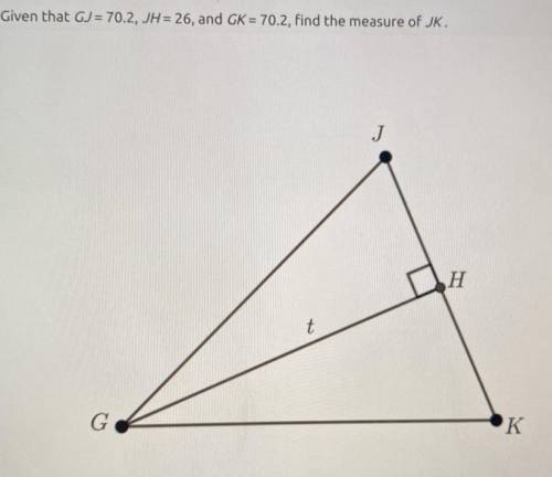 Given that GJ=70.2, JH=26, and GK=70.2, find the measure of JK