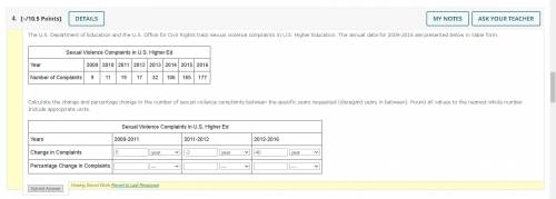Calculate the change and percentage change in the number of sexual violence complaints between the