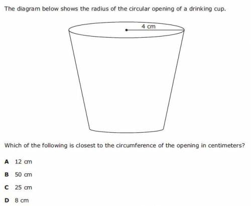 The diagram below shows the radius of the circular opening of a drinking cup. which of the followin