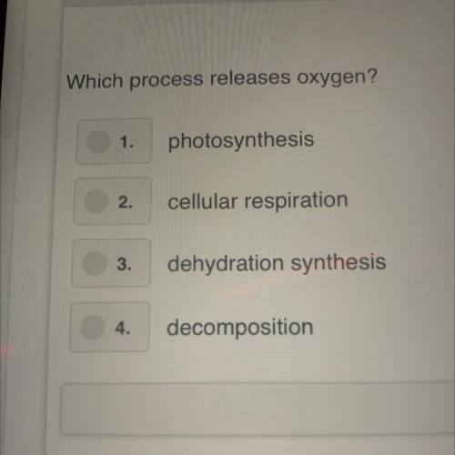 Which process releases oxygen?

1.
photosynthesis
2.
cellular respiration
3.
dehydration synthesis