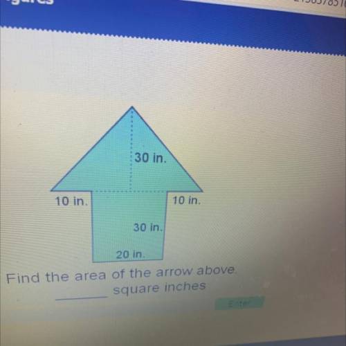 30 in.

10 in.
10 in.
30 in.
20 in.
Find the area of the arrow above.
square inches
Enter