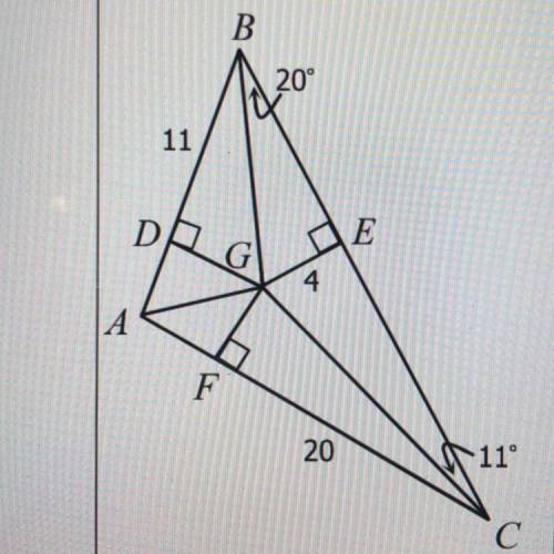 If G is the incenter of triangle ABC, find each measure. ABG, BCA, BAC, BAG, DG, BE, BG, GC