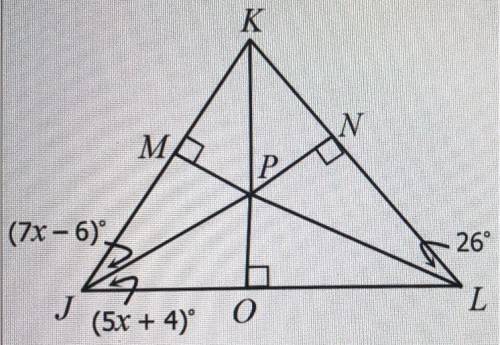 If P is the incenter of triangle JKL, find the measure of JKP.