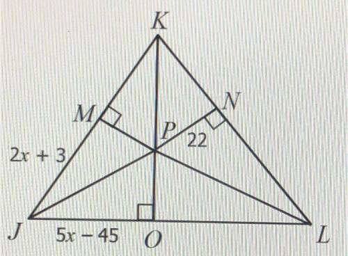 If P is the incenter of triangle JKL, find PJ.
