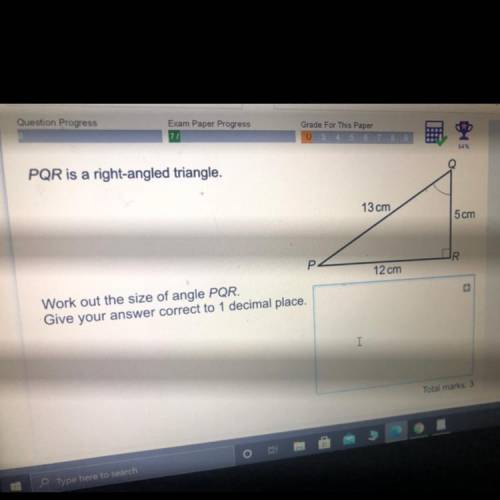 PGR is a right-angled triangle.

Work out the size of angle PGR. Give your answer correct to 1 dec