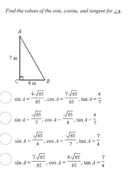 Find the sine cosine and tangent for angle a.