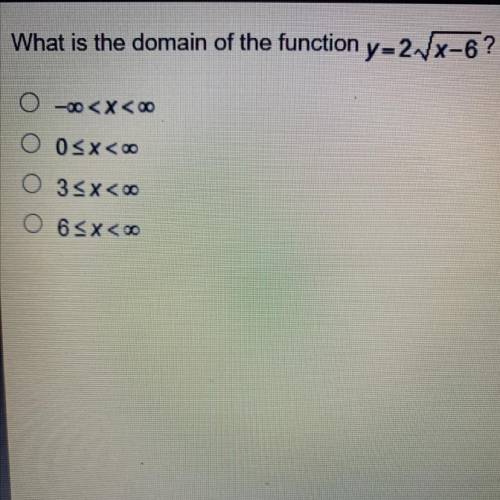 Please help me What is the domain of the function y=2 square root x- 6