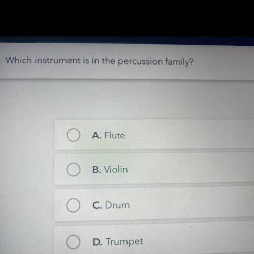 Which instrument is in the percussion family A. Flute B. Violin C. Drum D. Trumpet ￼