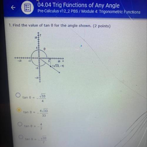 Find the value of Tan O for the angle shown.