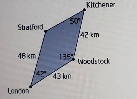 Use trigonometry and the map below to find the distance between Stratford and

Kitchener, rounded