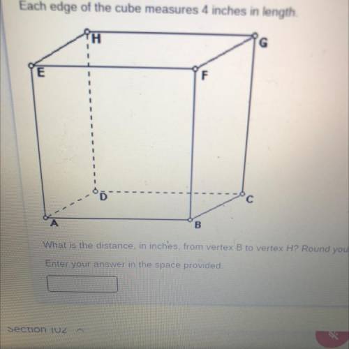 Each edge on the cube 4 inches in lenght

What is the distance, in inches, from vertex B to vertex