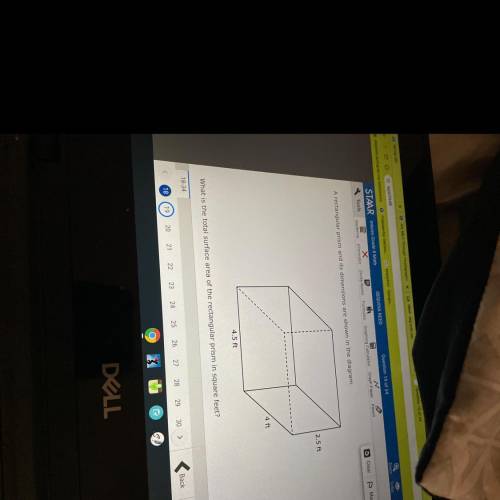A rectangular prism and its dimensions are shown in the diagram.

2.5 ft
4 ft
4.5 ft
What is the t