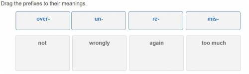 Put the prefixes to their meanings
over- un- re- mis-
not- wrongly- again- too much-