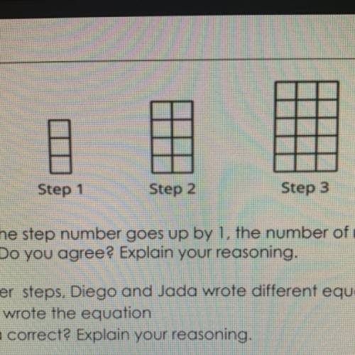• To represent the number of squares after steps, Diego and Jada wrote different equations. Diego
