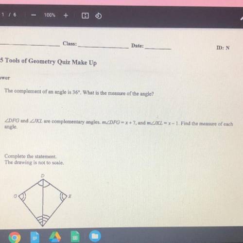 2) DFG and JKL are complementary angles. mZDFG=x+7, and mZJKL = r- 1.

Find the measure of each
an