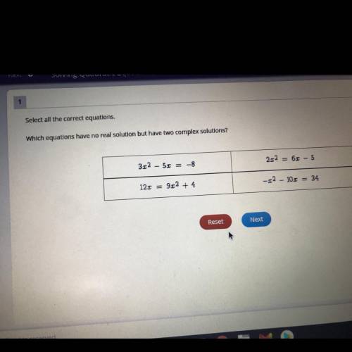 Select all the correct equations,

Which equations have no real solution but have two complex solu