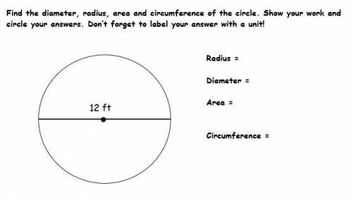 Find the diameter, radius, area and circumference of the circle. Show your work.
